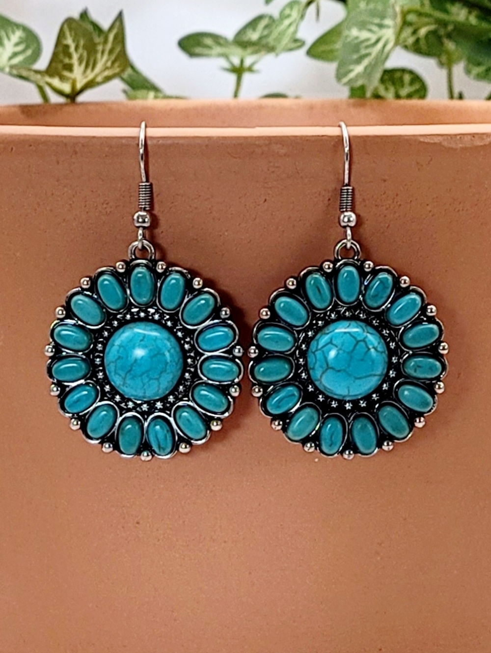 Western Boho Turquoise Concho Dangle Earrings New